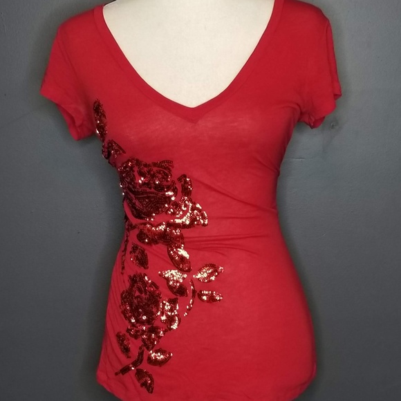 Express Tops - EXPRESS Red Sequin Embellished T shirt  S
